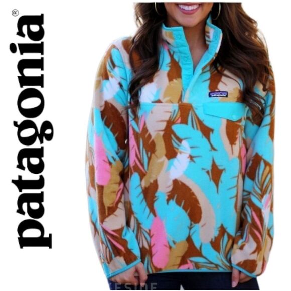 PATAGONIA XS BLUE TOURQUOISE TEAL PINK BROWN  FEATHER DANCE PRINTED  SYNCHILLA - Picture 2 of 15